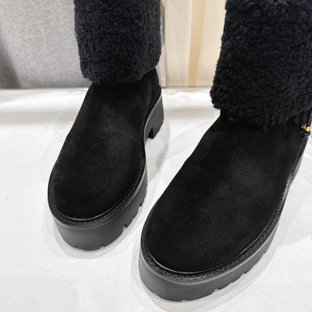 CELINE 26S FUR-TRIM ANKLE BOOTS IN BLACK SUEDE