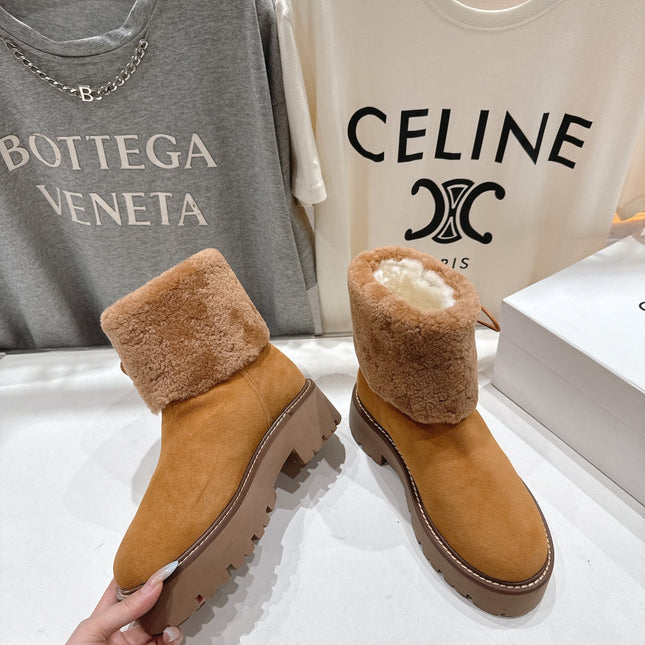 CELINE 26S FUR-TRIM ANKLE BOOTS IN BROWN SUEDE