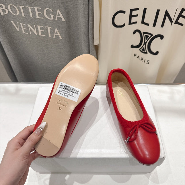 CELINE 26S BALLET FLATS IN RED CALFSKIN WITH BOW