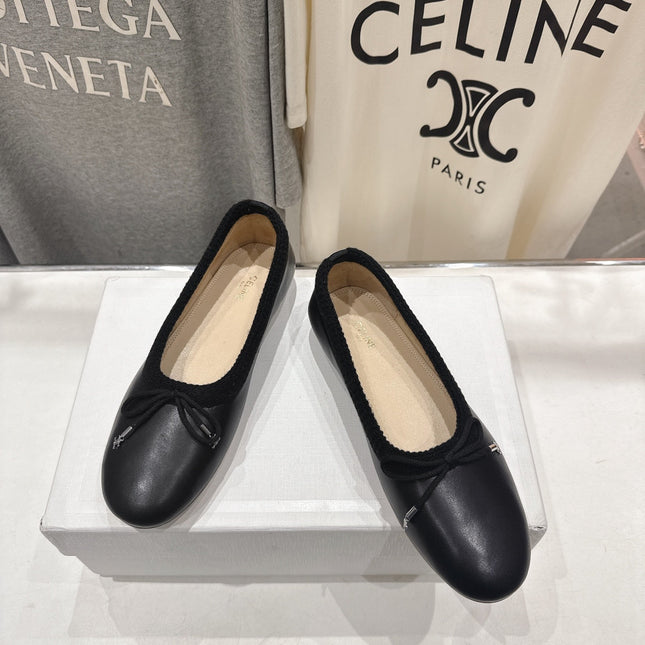 CELINE 26S BALLET FLATS IN BLACK CALFSKIN WITH BOW