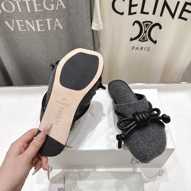 LOEWE 26S MULE LOAFERS IN DARK GREY CALFSKIN AND FABRIC KNOT DETAIL