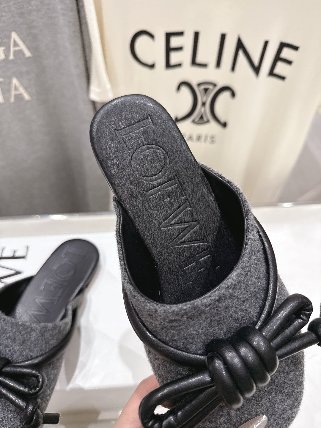 LOEWE 26S MULE LOAFERS IN DARK GREY CALFSKIN AND FABRIC KNOT DETAIL