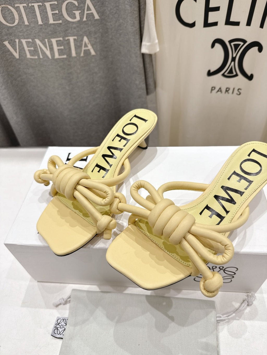 LOEWE 26S KITTEN HEEL KNOT SANDALS IN BUTTER YELLOW CALFSKIN