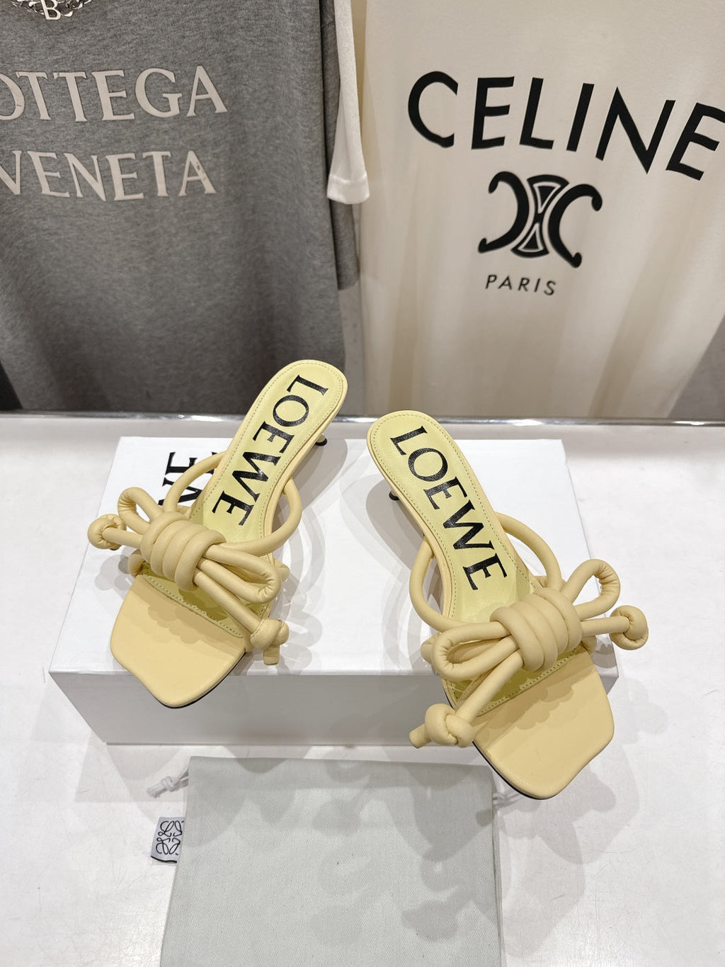 LOEWE 26S KITTEN HEEL KNOT SANDALS IN BUTTER YELLOW CALFSKIN