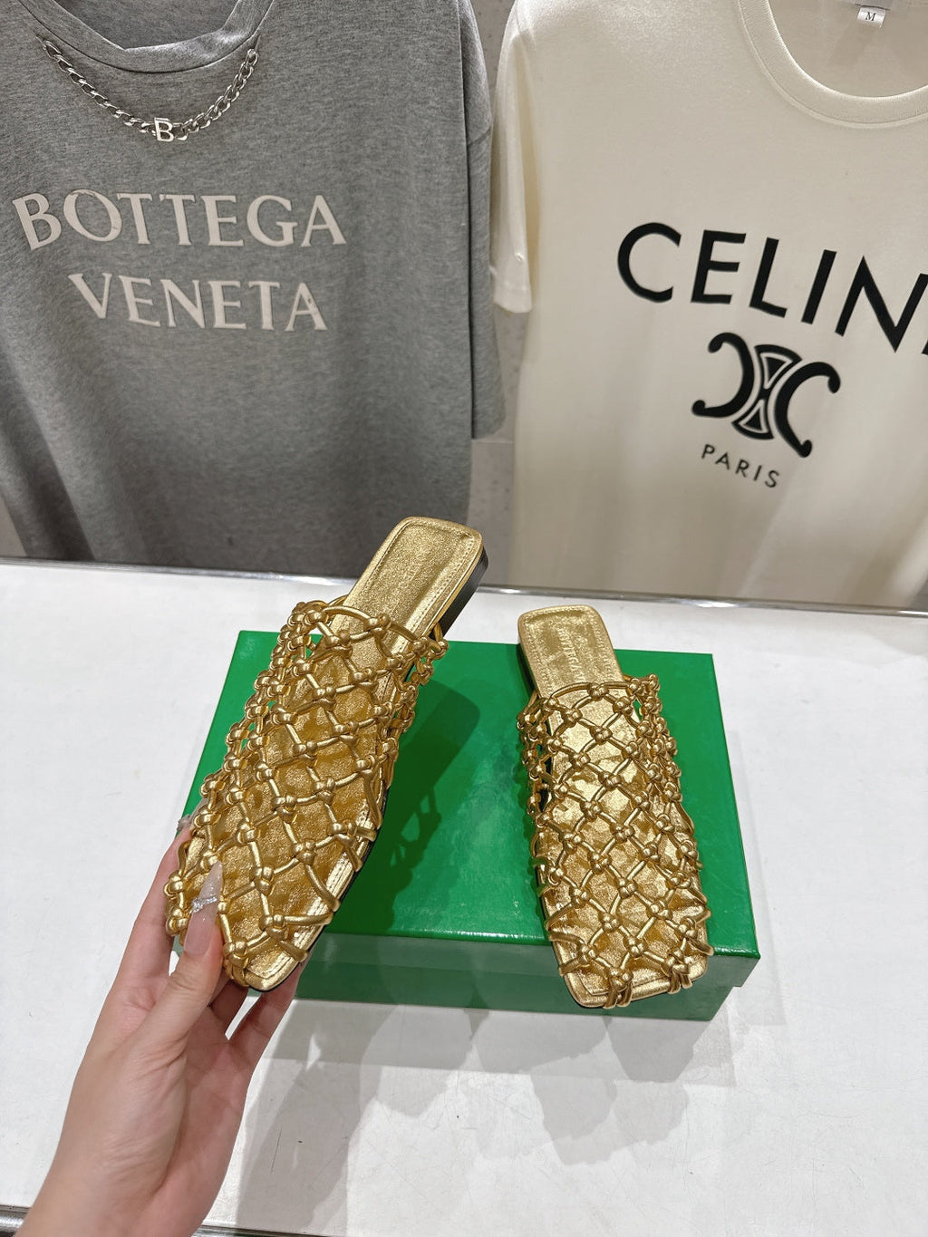 BOTTEGA VENETA 26S WOVEN MULES IN GOLD LAMBSKIN