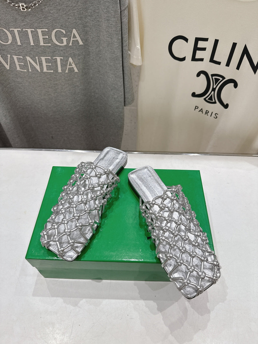 BOTTEGA VENETA 26S WOVEN MULES IN SILVER LAMBSKIN