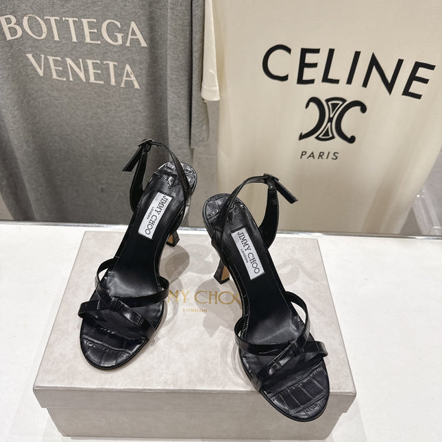 JIMMY CHOO 26S HIGH-HEELED SANDALS 100 MM IN BLACK CROC-EMBOSSED LAMBSKIN