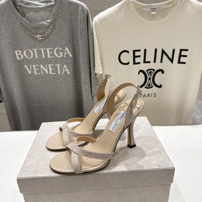 JIMMY CHOO 26S HIGH-HEELED SANDALS 100 MM IN LIGHT BEIGE GLITTER FABRIC