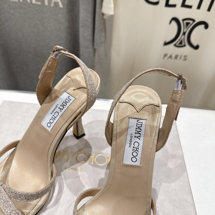 JIMMY CHOO 26S HIGH-HEELED SANDALS 100 MM IN LIGHT BEIGE GLITTER FABRIC