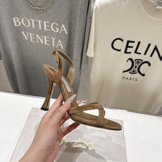 JIMMY CHOO 26S HIGH-HEELED SANDALS 100 MM IN BROWN SUEDE