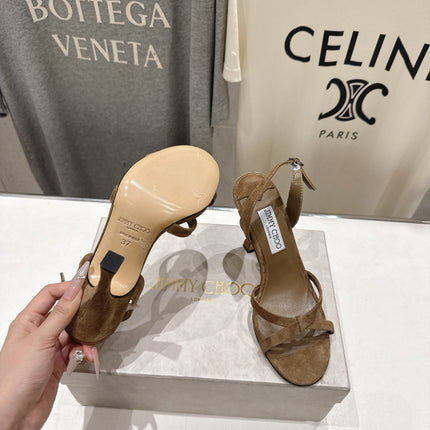 JIMMY CHOO 26S HIGH-HEELED SANDALS 100 MM IN BROWN SUEDE