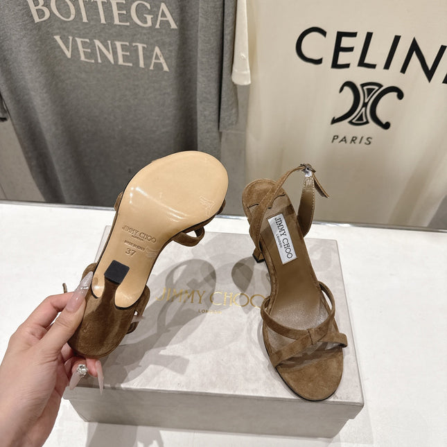 JIMMY CHOO 26S HIGH-HEELED SANDALS 100 MM IN BROWN SUEDE