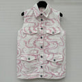 CC 25 Printed Denim Vest Jacket Pink White Cotton