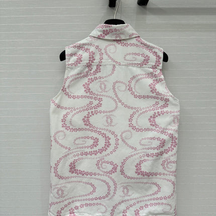 CC 25 Printed Denim Vest Jacket Pink White Cotton