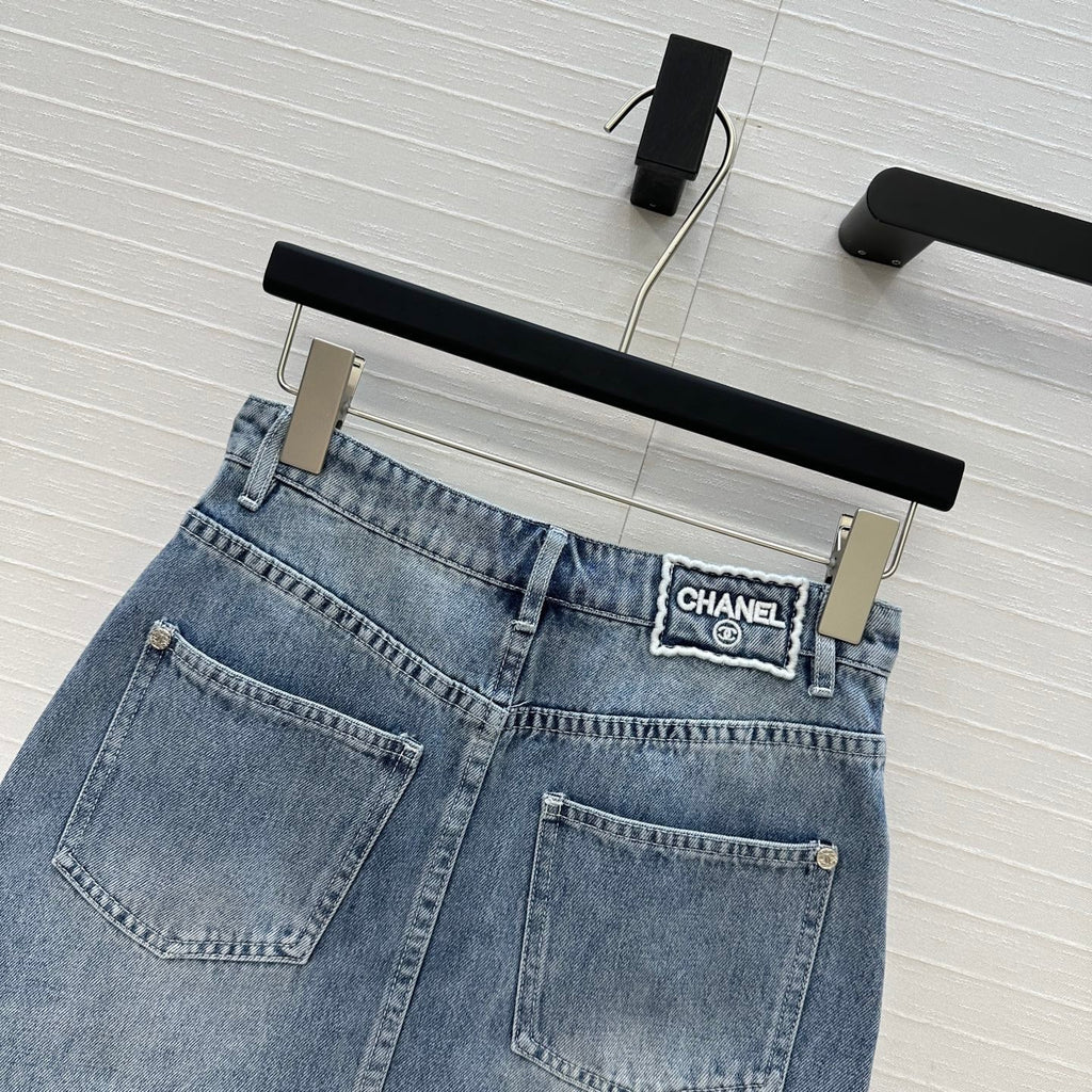 CC 25 Embroidered Short Skirt Blue Denim Cotton