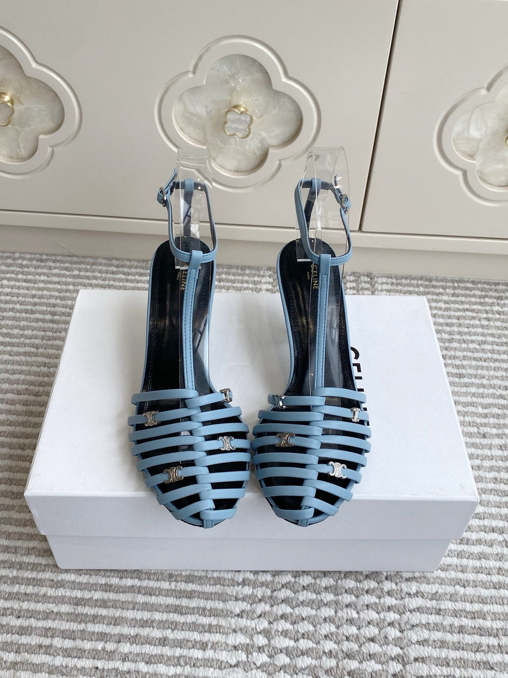 CELINE 26S CLEA TRIOMPHE GLADIATOR HEEL SANDALS 60 MM IN SKY BLUE LAMBSKIN