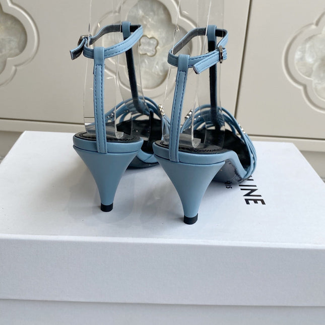 CELINE 26S CLEA TRIOMPHE GLADIATOR HEEL SANDALS 60 MM IN SKY BLUE LAMBSKIN