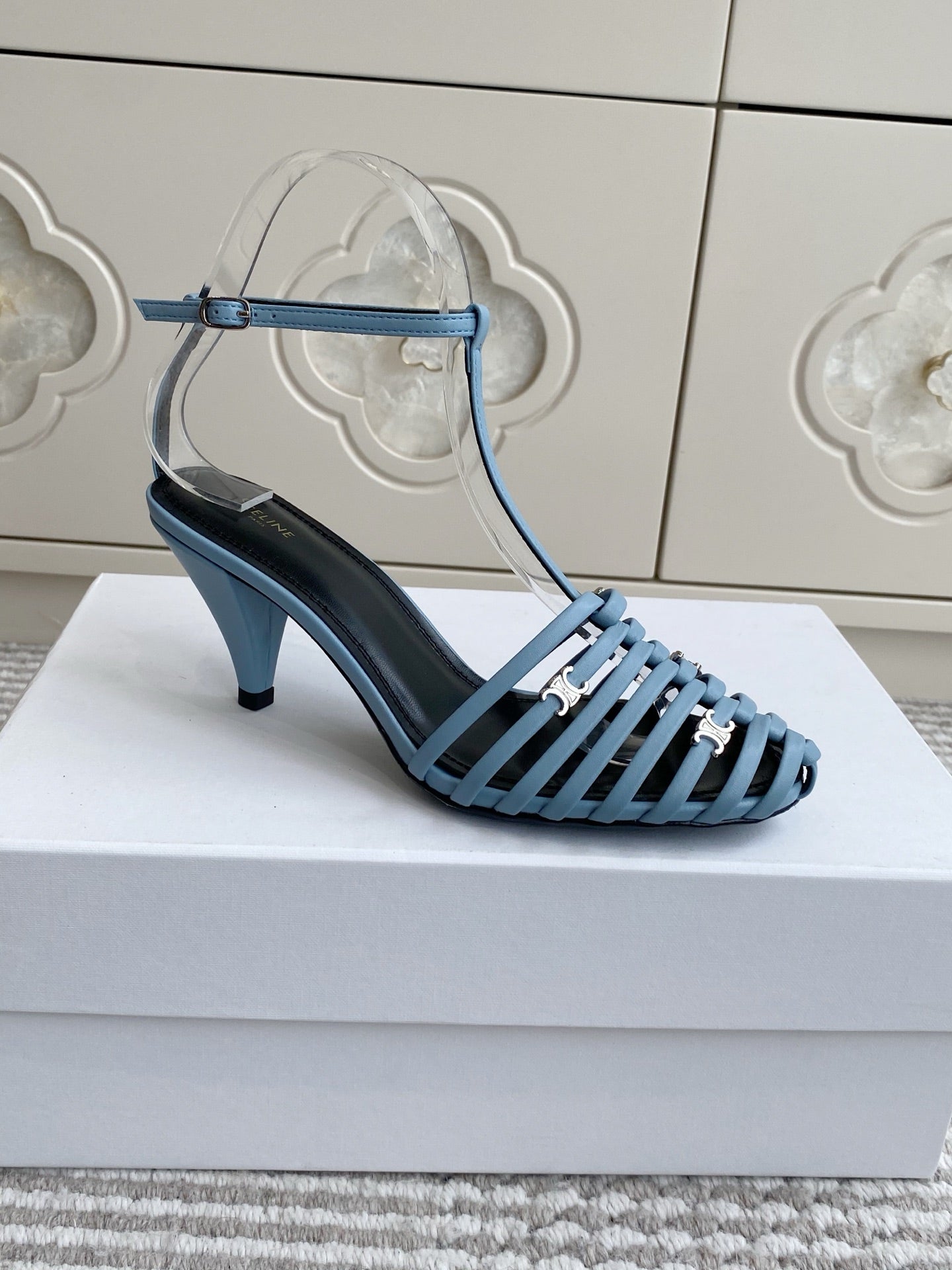 CELINE 26S CLEA TRIOMPHE GLADIATOR HEEL SANDALS 60 MM IN SKY BLUE LAMBSKIN