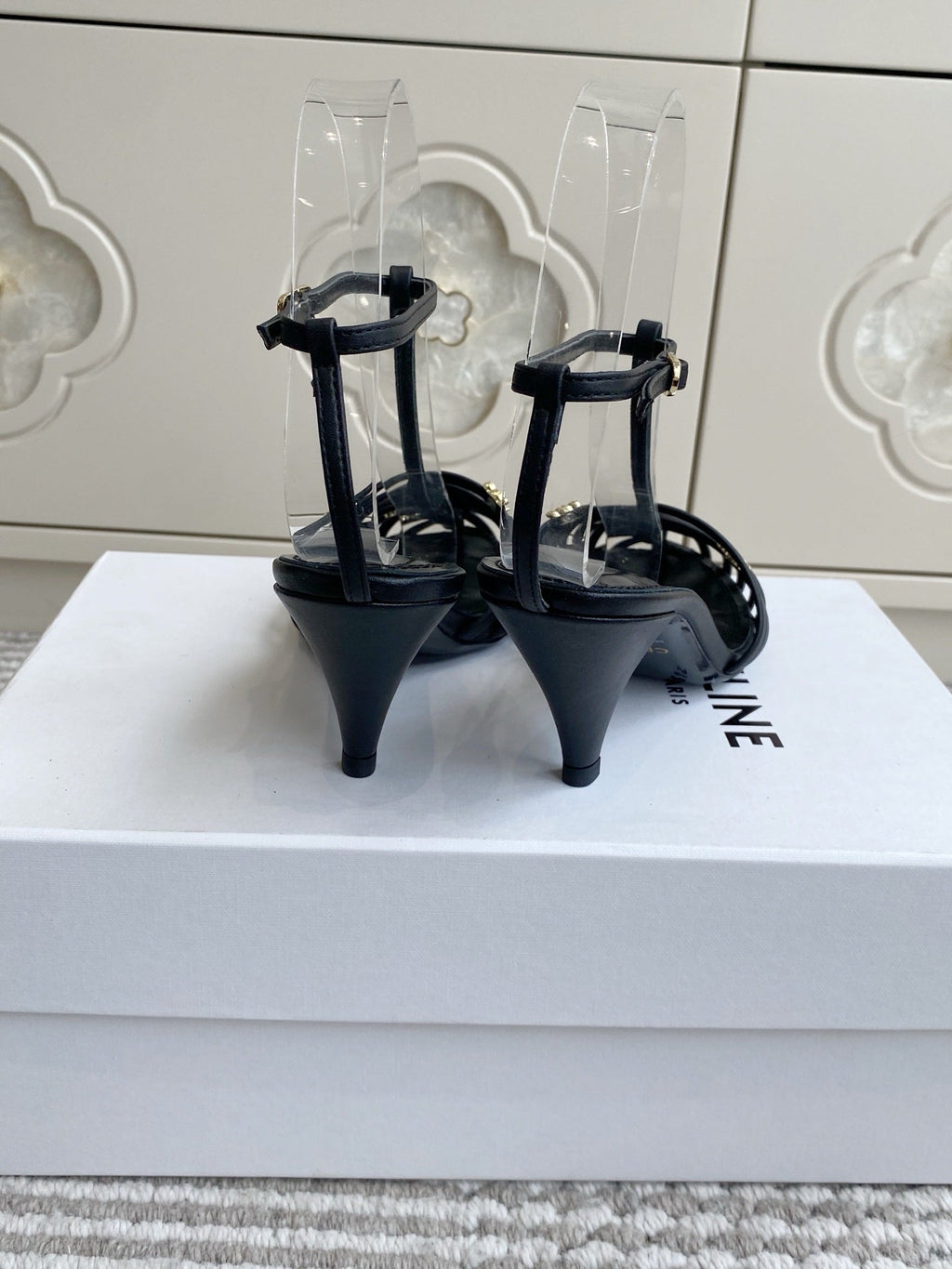 CELINE 26S CLEA TRIOMPHE GLADIATOR HEEL SANDALS 60 MM IN BLACK LAMBSKIN