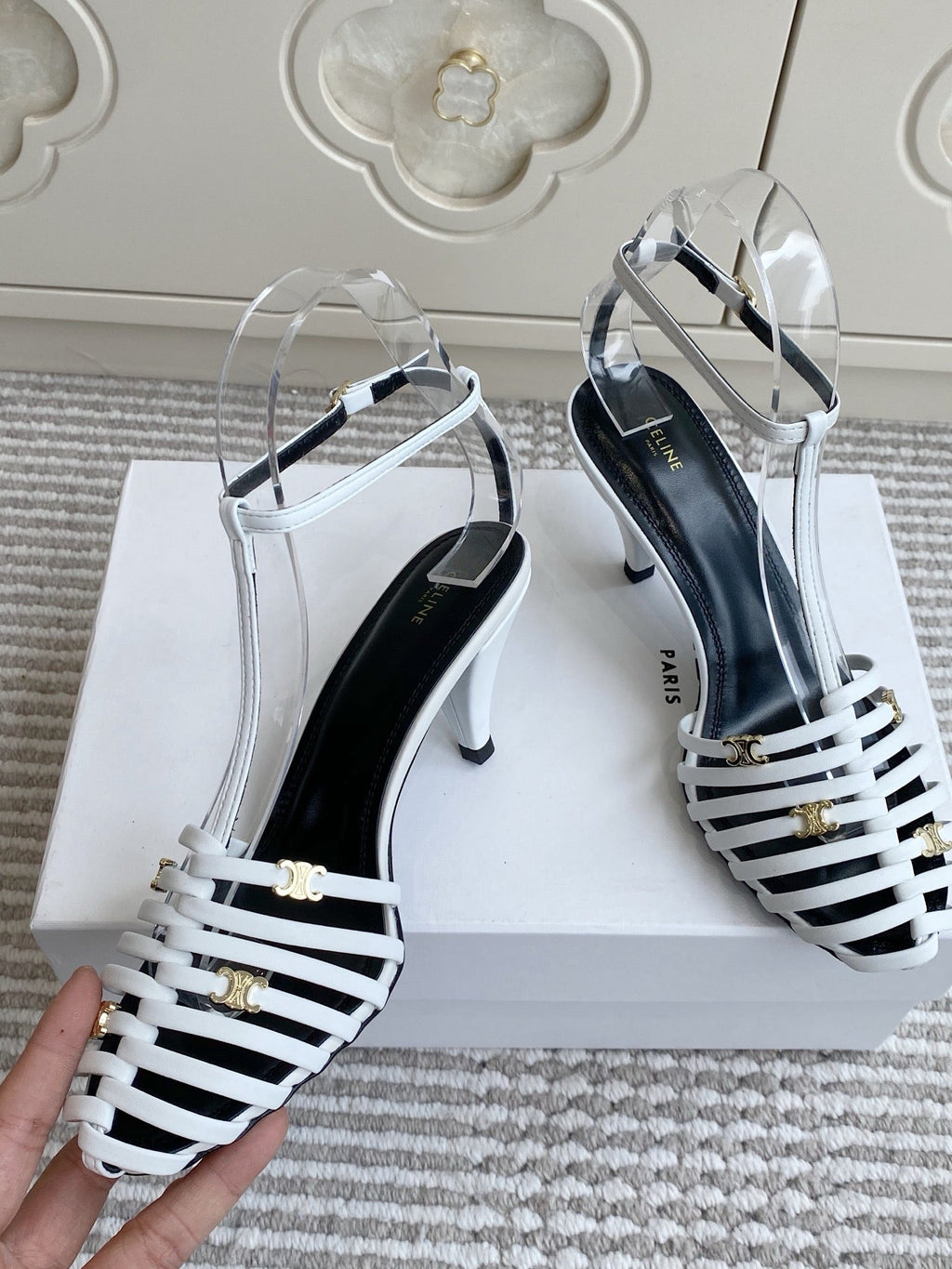 CELINE 26S CLEA TRIOMPHE GLADIATOR HEEL SANDALS 60 MM IN WHITE LAMBSKIN