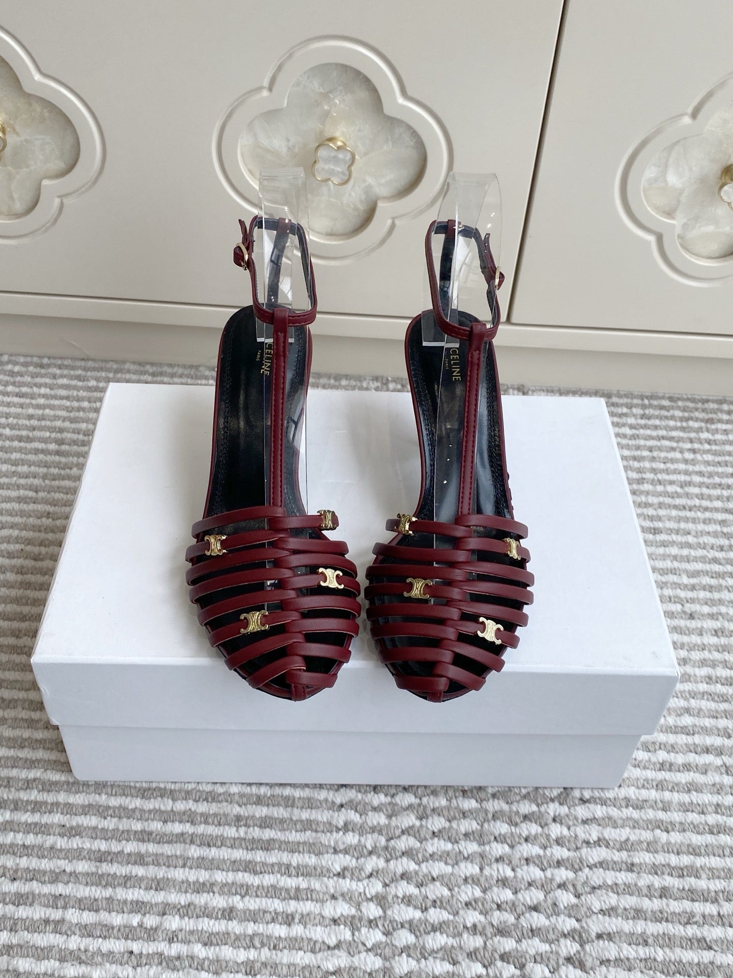 CELINE 26S CLEA TRIOMPHE GLADIATOR HEEL SANDALS 60 MM IN DARK RED LAMBSKIN
