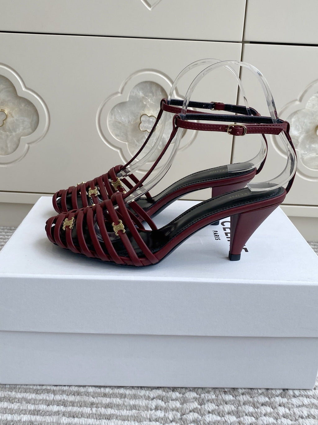 CELINE 26S CLEA TRIOMPHE GLADIATOR HEEL SANDALS 60 MM IN DARK RED LAMBSKIN