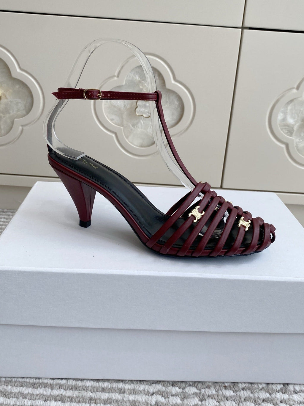 CELINE 26S CLEA TRIOMPHE GLADIATOR HEEL SANDALS 60 MM IN DARK RED LAMBSKIN