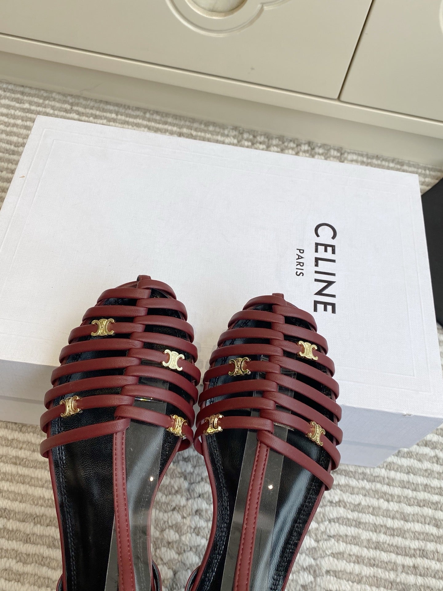 CELINE 26S CLEA TRIOMPHE GLADIATOR SANDALS IN DARK RED LAMBSKIN