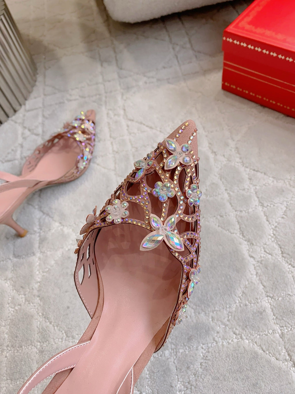 RENE CAOVILLA 26S HEELED SLINGBACKS 65 MM IN NUDE PINK CRYSTAL FLOWERS