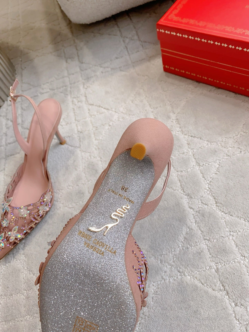 RENE CAOVILLA 26S HEELED SLINGBACKS 65 MM IN NUDE PINK CRYSTAL FLOWERS