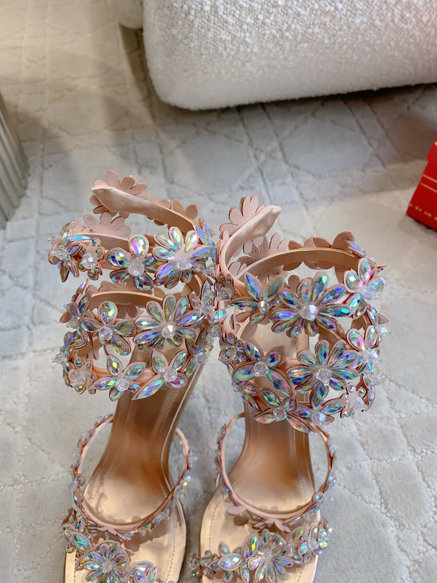 RENE CAOVILLA 26S HEEL SANDALS 95 MM IN ROSE GOLD LAMBSKIN CRYSTAL FLOWER EMBELLISHMENTS