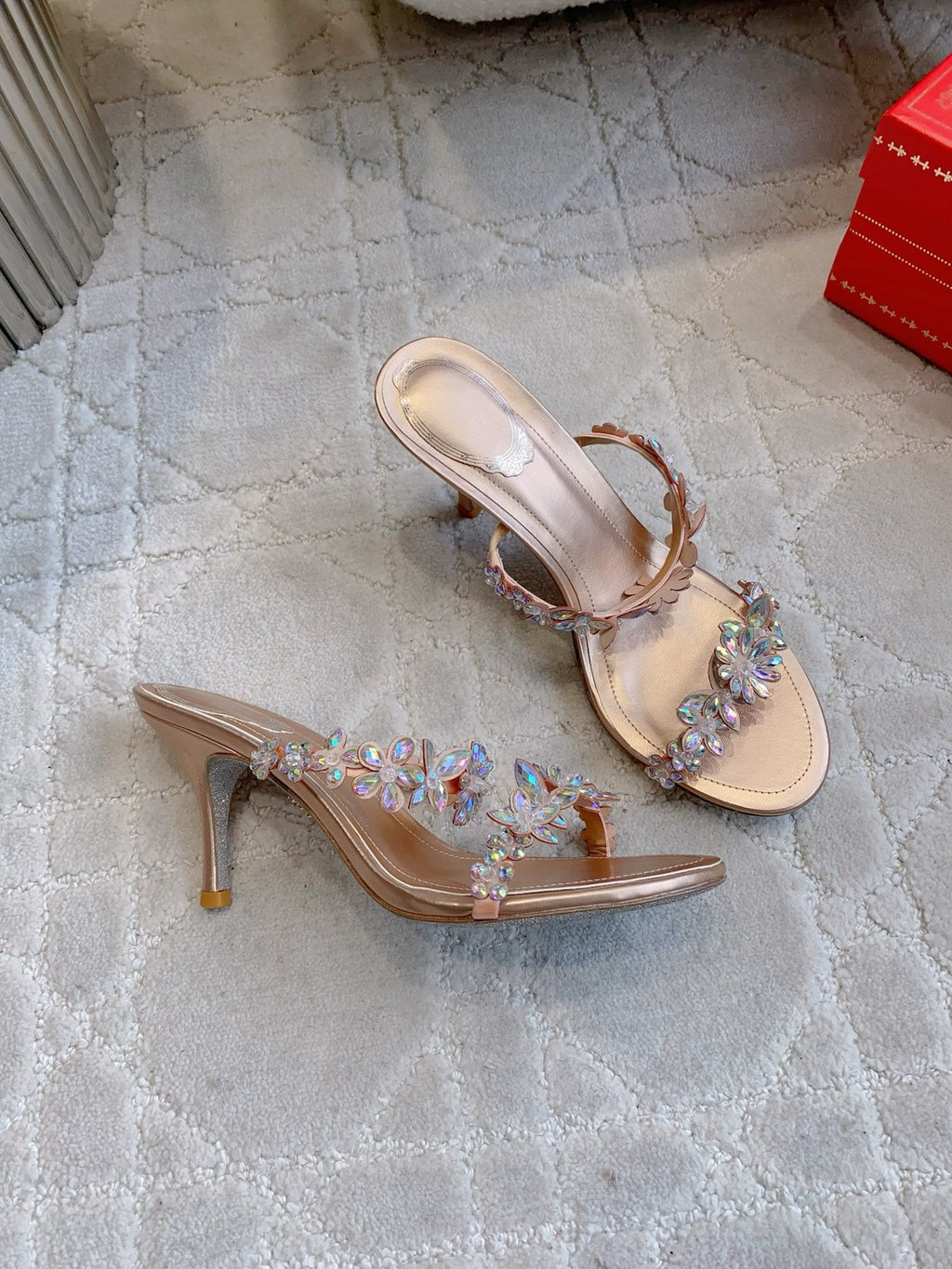 RENE CAOVILLA 26S HEEL SANDALS 65 MM IN ROSE GOLD LAMBSKIN CRYSTAL FLOWER EMBELLISHMENTS