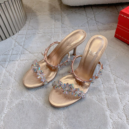 RENE CAOVILLA 26S HEEL SANDALS 65 MM IN ROSE GOLD LAMBSKIN CRYSTAL FLOWER EMBELLISHMENTS