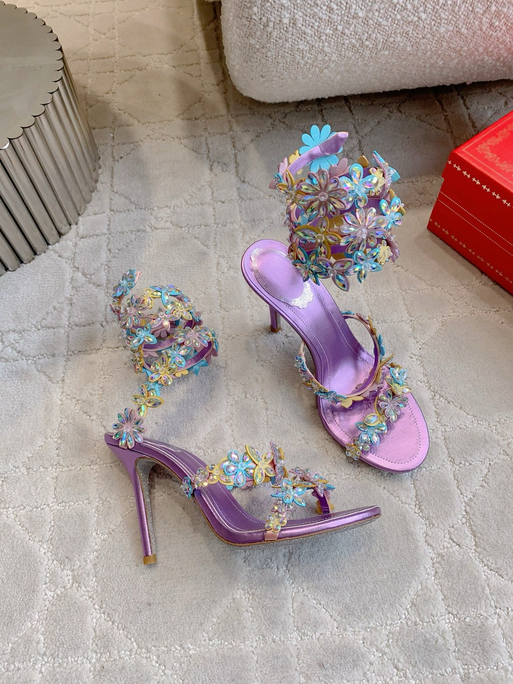 RENE CAOVILLA 26S HEEL SANDALS 95 MM IN METALLIC PURPLE LAMBSKIN CRYSTAL FLOWER EMBELLISHMENTS