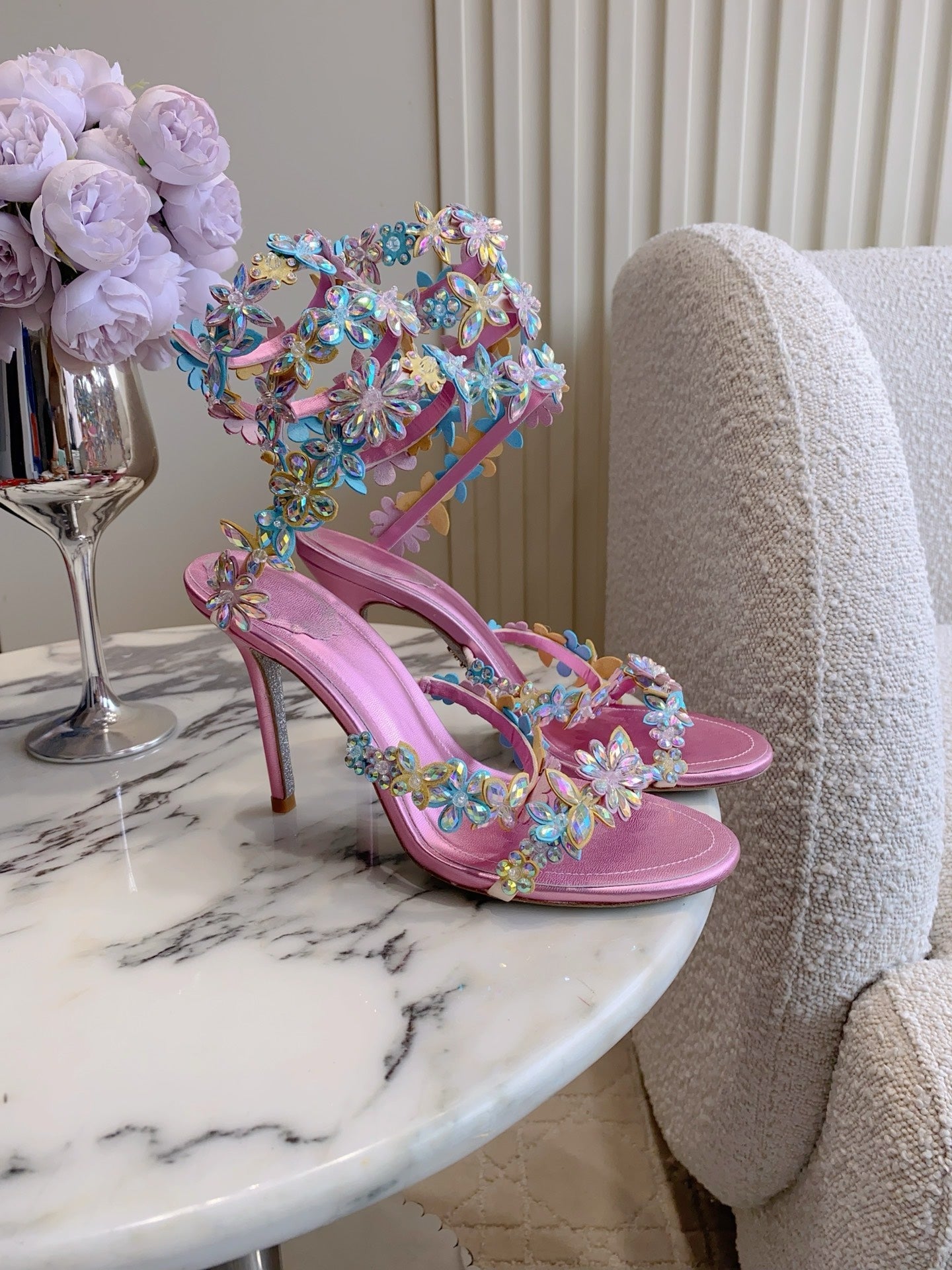 RENE CAOVILLA 26S HEEL SANDALS 95 MM IN METALLIC PINK LAMBSKIN CRYSTAL FLOWER EMBELLISHMENTS
