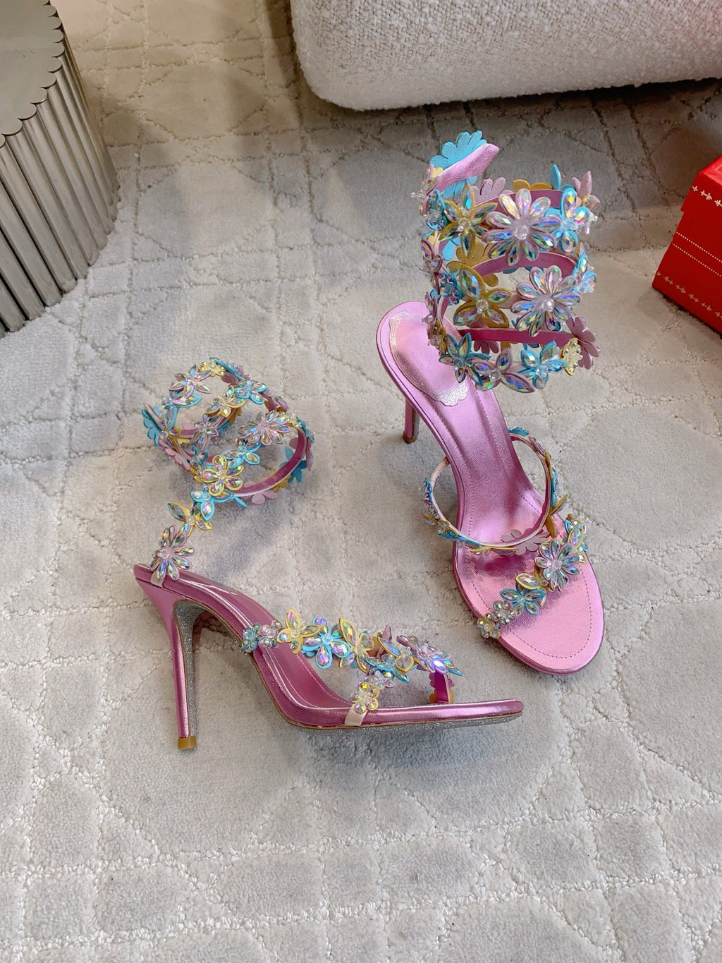 RENE CAOVILLA 26S HEEL SANDALS 95 MM IN METALLIC PINK LAMBSKIN CRYSTAL FLOWER EMBELLISHMENTS