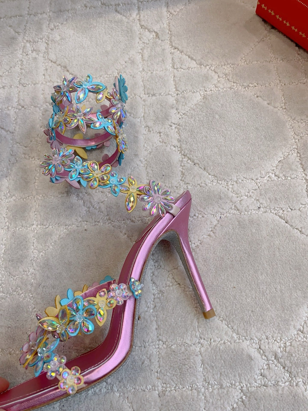 RENE CAOVILLA 26S HEEL SANDALS 95 MM IN METALLIC PINK LAMBSKIN CRYSTAL FLOWER EMBELLISHMENTS