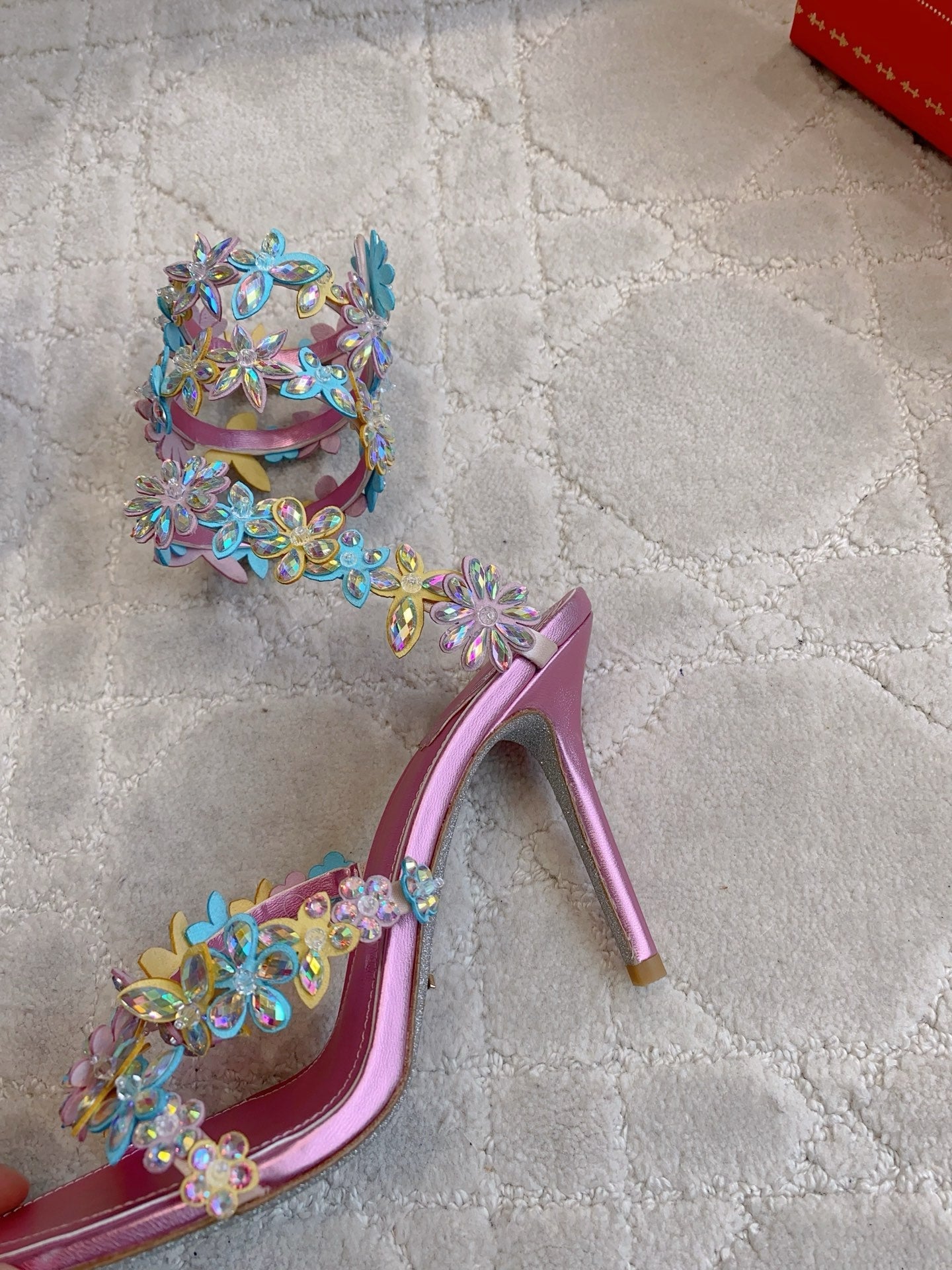 RENE CAOVILLA 26S HEEL SANDALS 95 MM IN METALLIC PINK LAMBSKIN CRYSTAL FLOWER EMBELLISHMENTS
