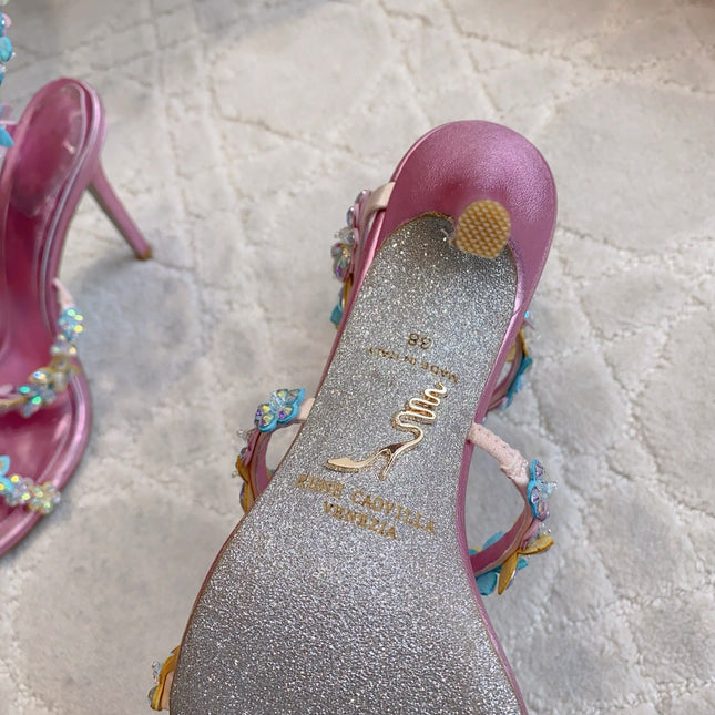 RENE CAOVILLA 26S HEEL SANDALS 95 MM IN METALLIC PINK LAMBSKIN CRYSTAL FLOWER EMBELLISHMENTS