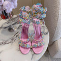 RENE CAOVILLA 26S HEEL SANDALS 95 MM IN METALLIC PINK LAMBSKIN CRYSTAL FLOWER EMBELLISHMENTS