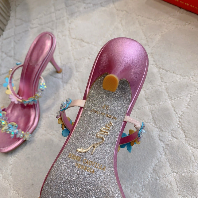 RENE CAOVILLA 26S HEEL SANDALS 65 MM IN METALLIC PINK LAMBSKIN CRYSTAL FLOWER EMBELLISHMENTS