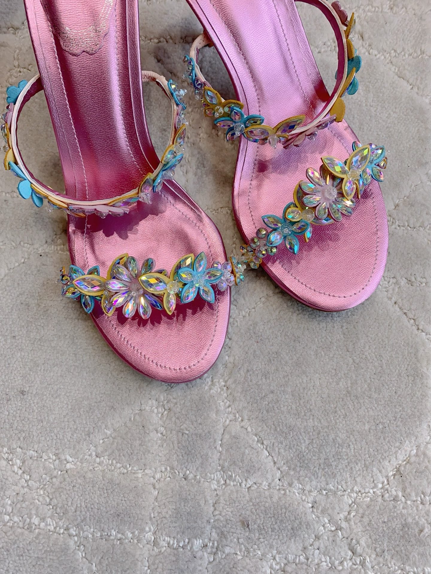 RENE CAOVILLA 26S HEEL SANDALS 65 MM IN METALLIC PINK LAMBSKIN CRYSTAL FLOWER EMBELLISHMENTS