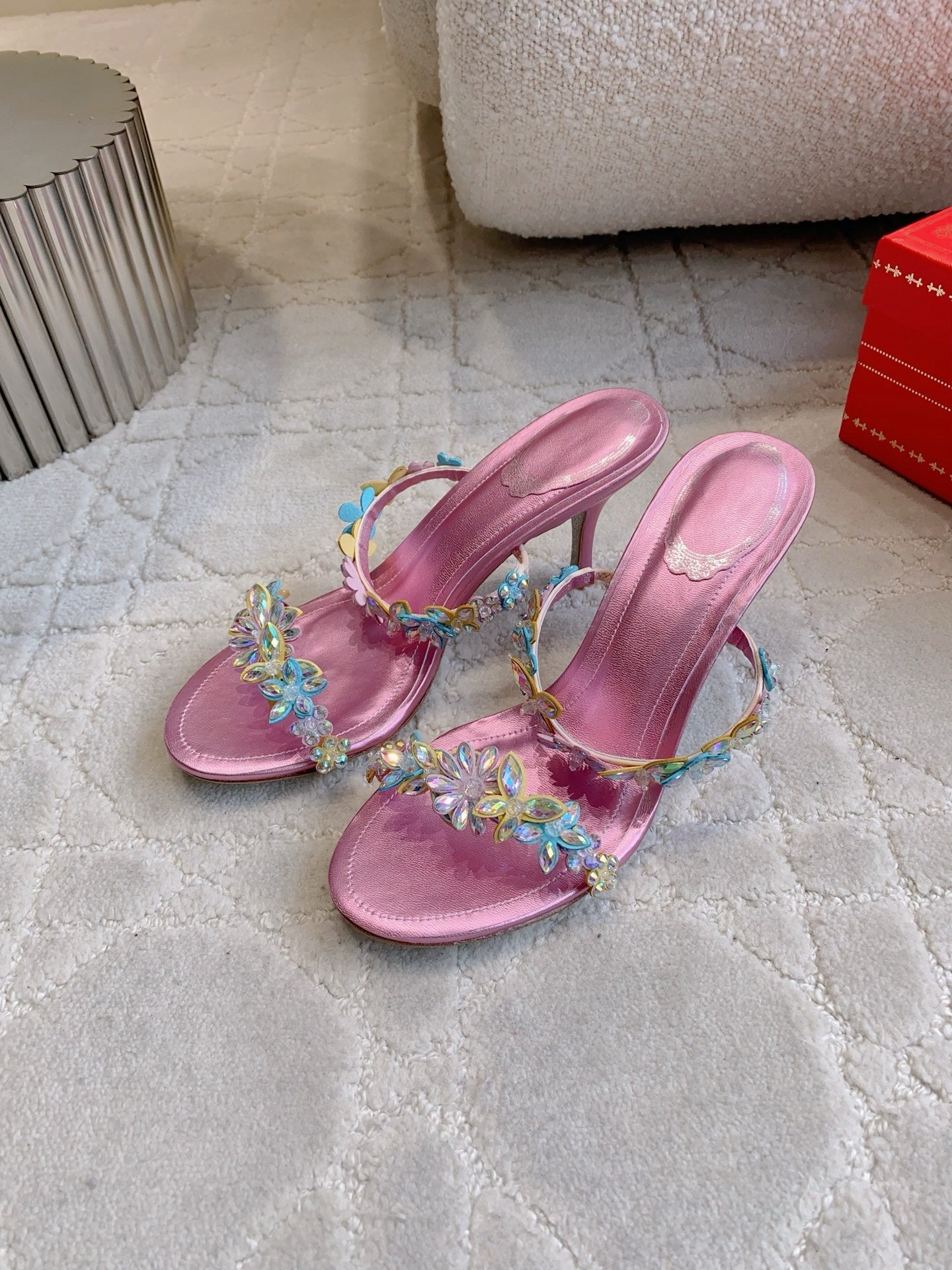 RENE CAOVILLA 26S HEEL SANDALS 65 MM IN METALLIC PINK LAMBSKIN CRYSTAL FLOWER EMBELLISHMENTS