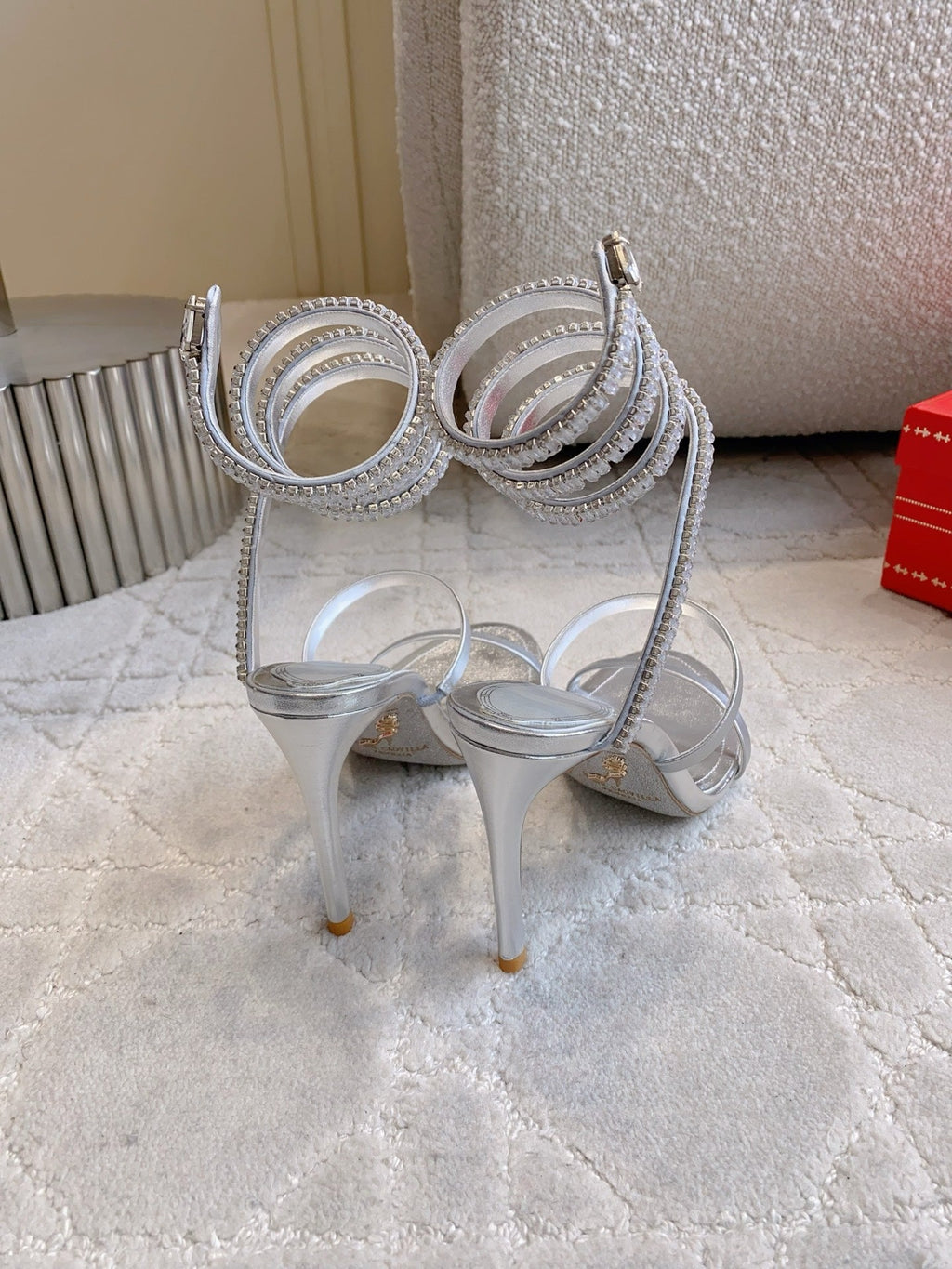RENE CAOVILLA 26S CLEO HIGH HEELS SANDALS 95 MM IN SILVER LAMBSKIN STYLE 18