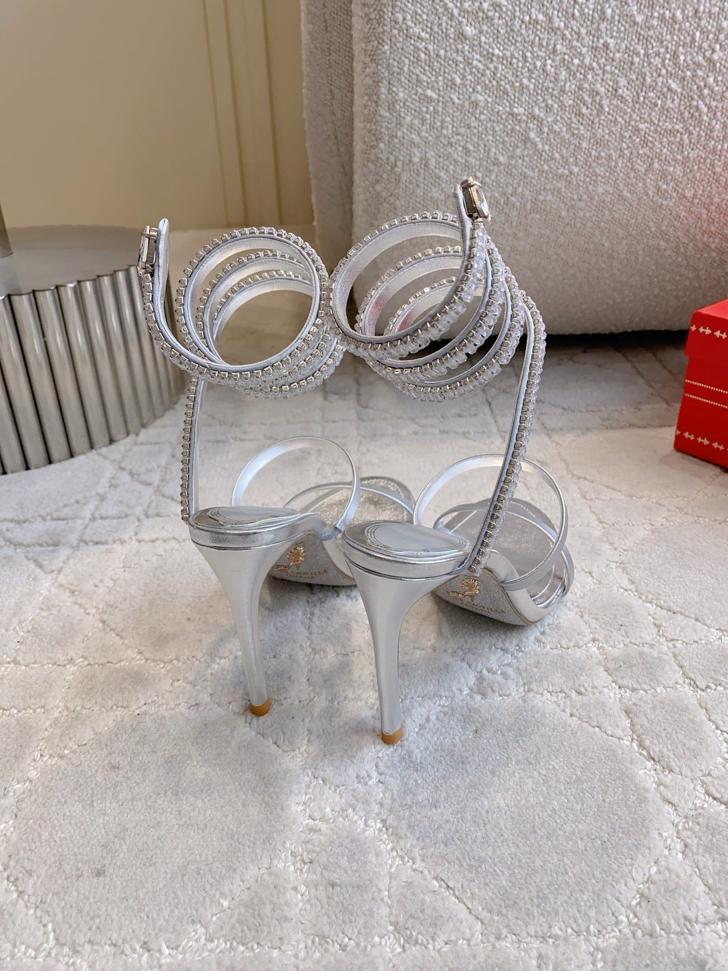 RENE CAOVILLA 26S CLEO HIGH HEELS SANDALS 95 MM IN SILVER LAMBSKIN STYLE 18