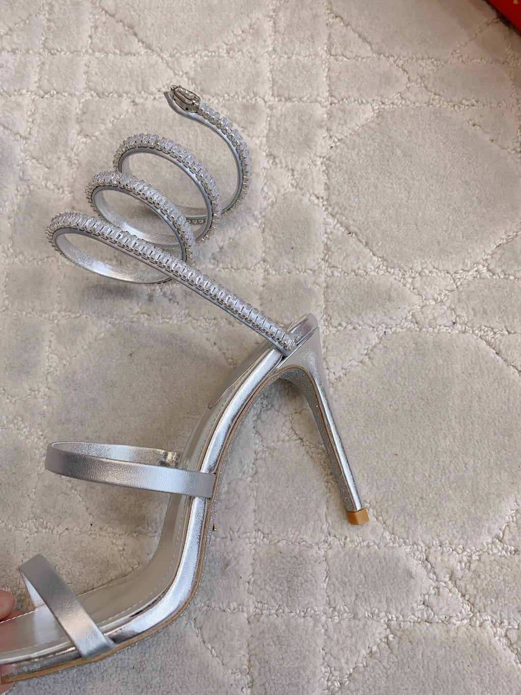 RENE CAOVILLA 26S CLEO HIGH HEELS SANDALS 95 MM IN SILVER LAMBSKIN STYLE 18