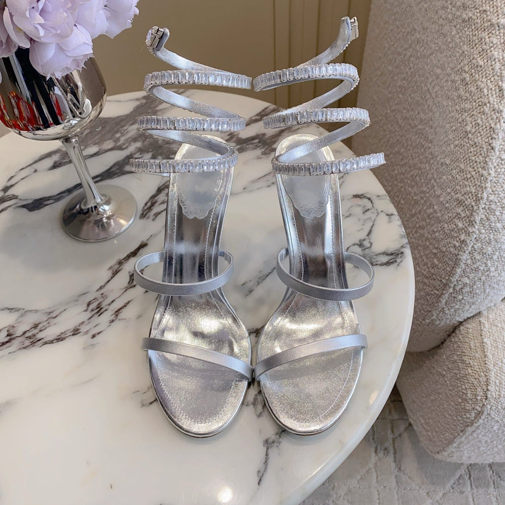 RENE CAOVILLA 26S CLEO HIGH HEELS SANDALS 95 MM IN SILVER LAMBSKIN STYLE 18
