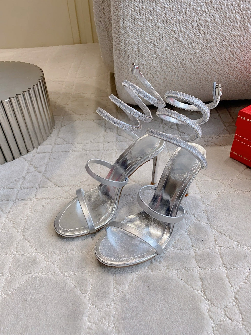 RENE CAOVILLA 26S CLEO HIGH HEELS SANDALS 95 MM IN SILVER LAMBSKIN STYLE 18