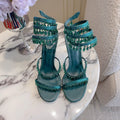 RENE CAOVILLA 26S CLEO HIGH HEELS SANDALS 95 MM IN DARK GREEN LAMBSKIN STYLE 15