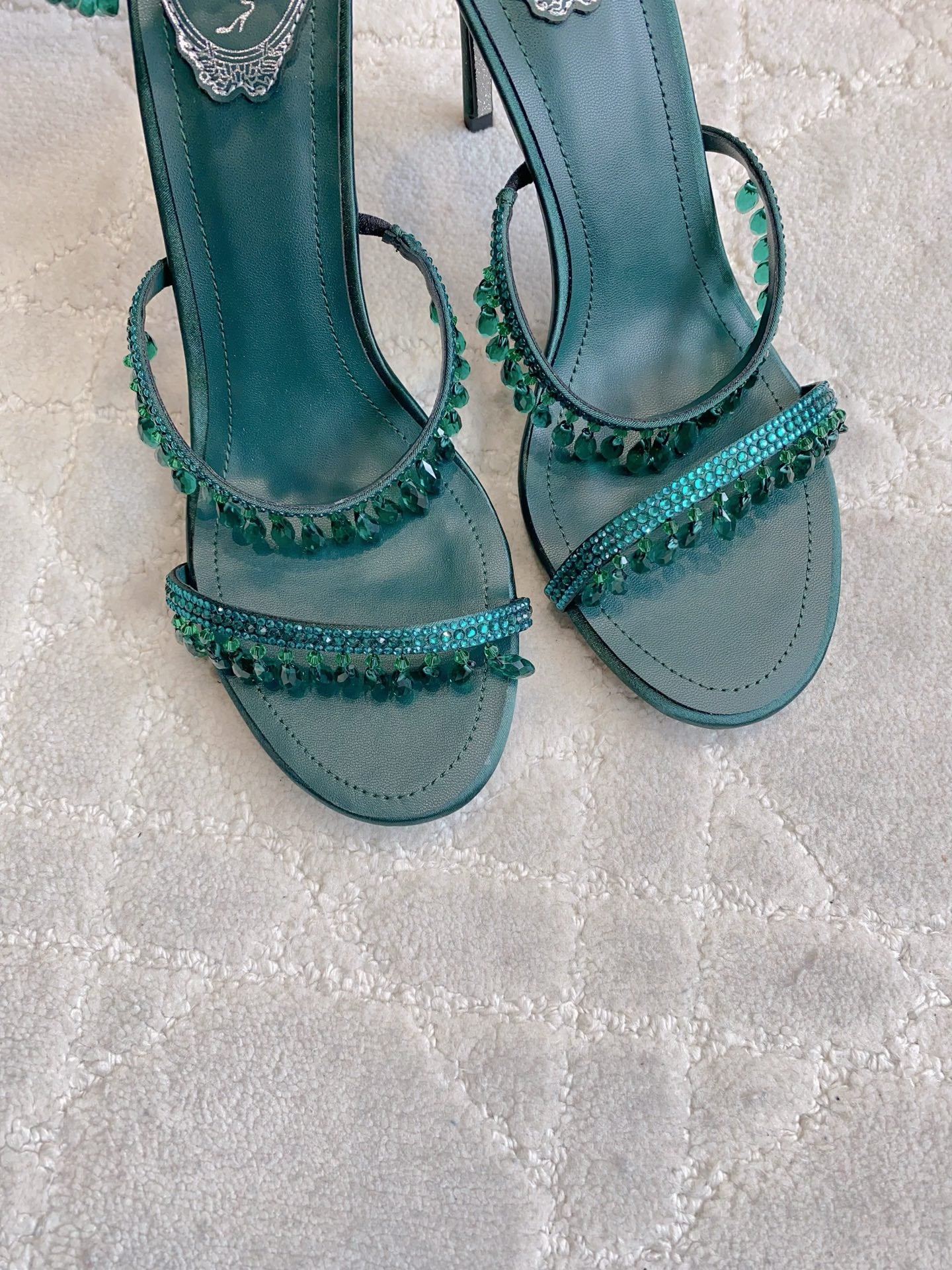RENE CAOVILLA 26S CLEO HIGH HEELS SANDALS 95 MM IN DARK GREEN LAMBSKIN STYLE 15